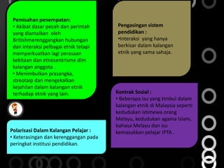 Pemisahan penempatan:
• Akibat dasar pecah dan perintah
yang diamalkan oleh
Britishmerenggangkan hubungan
dan interaksi pelbagai etnik tetapi
memperkuatkan lagi perasaan
kekitaan dan etnosentrisme dlm
kalangan anggota .
• Menimbulkan prasangka,
streotaip dan mengekalkan
kejahilan dalam kalangan etnik
terhadap etnik yang lain.
Pengasingan sistem
pendidikan :
•Interaksi yang hanya
berkisar dalam kalangan
etnik yang sama sahaja.
Polarisasi Dalam Kalangan Pelajar :
• Keterasingan dan kerenggangan pada
peringkat institusi pendidikan.
Kontrak Sosial :
• Beberapa isu yang timbul dalam
kalangan etnik di Malaysia seperti
kedudukan istimewa orang
Melayu, kedudukan agama Islam,
bahasa Melayu dan isu
kemasukkan pelajar IPTA .
 