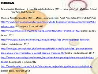 RUJUKAN
Baterah Alias, Huzaimah Hj. Ismail & Najahudin Lateh. (2011). Hubungan Etnik Malaysia. Oxford
Fajar Sdn. Bhd. Selangor.
Shamsul Amri Baharuddin. (2011). Modul Hubungan Etnik. Pusat Penerbitan Universiti (UPENA)
http://www.hmetro.com.my/myMetro/articles/Minda_Cabaranpembinaansahsiahremaja/Articl
e/index_html diakses pada 6 Januari 2012
http://www.pemuda.com.my/modules.php?name=News&file=article&sid=2523 diakses pada 6
Januari 2012
http://www.ipislam.edu.my/index.php/artikel/read/335/bab-00-meningkatkan-keutuhan
diakses pada 6 Januari 2012
http://www.jasa.gov.my/index.php/bm/media/koleksi-artikel/1-politic/387-peranan-semua-
kaum-dalam-menyemarakkan-semangat-gagasan-1malaysia.html diakses pada 6 Januari 2012
http://www.utusan-malaysia-online.com/perpaduan-kaum-penting-dalam-mencorak-budaya-
bangsa diakses pada 6 Januari 2012
http://www.bharian.com.my/articles/MembentukcitrajatidiriunggulbangsaMalaysia/Article/
diakses pada 7 Februari 2012
 
