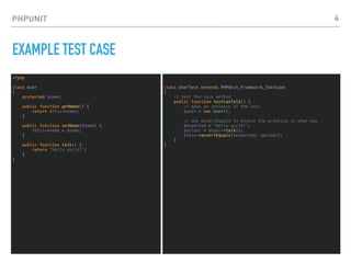 PHPUNIT
EXAMPLE TEST CASE
<?php
class User
{
protected $name;
public function getName() {
return $this->name;
}
public function setName($name) {
$this->name = $name;
}
public function talk() {
return "Hello world!";
}
}
4
class UserTest extends PHPUnit_Framework_TestCase
{
// test the talk method
public function testCanTalk() {
// make an instance of the user
$user = new User();
// use assertEquals to ensure the greeting is what you
$expected = "Hello world!";
$actual = $user->talk();
$this->assertEquals($expected, $actual);
}
}
 