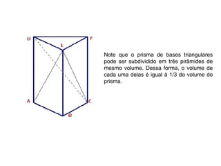 Note que o prisma de bases triangulares
pode ser subdividido em três pirâmides de
mesmo volume. Dessa forma, o volume de
cada uma delas é igual à 1/3 do volume do
prisma.
 