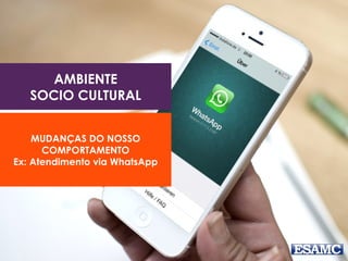 AMBIENTE
SOCIO CULTURAL
MUDANÇAS DO NOSSO
COMPORTAMENTO
Ex: Atendimento via WhatsApp
 