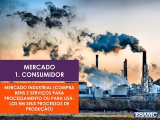 MERCADO
1. CONSUMIDOR
MERCADO INDUSTRIAL (COMPRA
BENS E SERVIÇOS PARA
PROCESSAMENTO OU PARA USÁ-
LOS EM SEUS PROCESSOS DE
PRODUÇÃO)
 