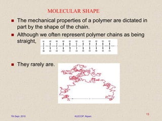 MOLECULAR SHAPE
 The mechanical properties of a polymer are dictated in
part by the shape of the chain.
 Although we often represent polymer chains as being
straight,
 They rarely are.
7th Sept. 2010 KLECOP, Nipani
13
 