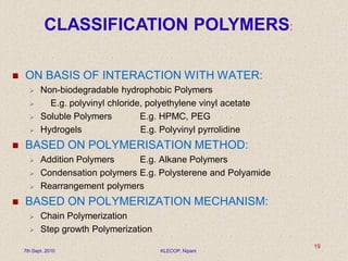  ON BASIS OF INTERACTION WITH WATER:
 Non-biodegradable hydrophobic Polymers
 E.g. polyvinyl chloride, polyethylene vinyl acetate
 Soluble Polymers E.g. HPMC, PEG
 Hydrogels E.g. Polyvinyl pyrrolidine
 BASED ON POLYMERISATION METHOD:
 Addition Polymers E.g. Alkane Polymers
 Condensation polymers E.g. Polysterene and Polyamide
 Rearrangement polymers
 BASED ON POLYMERIZATION MECHANISM:
 Chain Polymerization
 Step growth Polymerization
7th Sept. 2010 KLECOP, Nipani
19
CLASSIFICATION POLYMERS:
 