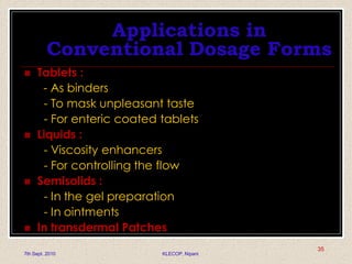 Applications in
Conventional Dosage Forms
7th Sept. 2010 KLECOP, Nipani
 Tablets :
- As binders
- To mask unpleasant taste
- For enteric coated tablets
 Liquids :
- Viscosity enhancers
- For controlling the flow
 Semisolids :
- In the gel preparation
- In ointments
 In transdermal Patches
35
 