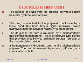 DRUG RELEASE MECHANISM
 The release of drugs from the erodible polymers occurs
basically by three mechanisms,
I. The drug is attached to the polymeric backbone by a
labile bond, this bond has a higher reactivity toward
hydrolysis than the polymer reactivity to break down.
II. The drug is in the core surrounded by a biodegradable
rate controlling membrane. This is a reservoir type device
that provides erodibility to eliminate surgical removal of
the drug-depleted device.
III. a homogeneously dispersed drug in the biodegradable
polymer. The drug is released by erosion, diffusion, or a
combination of both.
7th Sept. 2010 KLECOP, Nipani
46
 