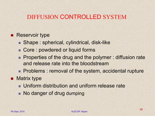 DIFFUSION CONTROLLED SYSTEM
 Reservoir type
 Shape : spherical, cylindrical, disk-like
 Core : powdered or liquid forms
 Properties of the drug and the polymer : diffusion rate
and release rate into the bloodstream
 Problems : removal of the system, accidental rupture
 Matrix type
 Uniform distribution and uniform release rate
 No danger of drug dumping
7th Sept. 2010 KLECOP, Nipani
59
 