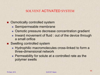 SOLVENT ACTIVATED SYSTEM
 Osmotically controlled system
 Semipermeable membrane
 Osmotic pressure decrease concentration gradient
 Inward movement of fluid : out of the device through
a small orifice
 Swelling controlled system
 Hydrophilic macromolecules cross-linked to form a
three-dimensional network
 Permeability for solute at a controlled rate as the
polymer swells
7th Sept. 2010 KLECOP, Nipani
60
 