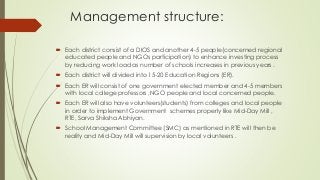 Management structure:
 Each district consist of a DIOS and another 4-5 people(concerned regional
educated people and NGOs participation) to enhance investing process
by reducing work load as number of schools increases in previous years .
 Each district will divided into 15-20 Education Regions (ER).
 Each ER will consist of one government elected member and 4-5 members
with local college professors ,NGO people and local concerned people.
 Each ER will also have volunteers(students) from colleges and local people
in order to implement Government schemes properly like Mid-Day Mill ,
RTE, Sarva Shiksha Abhiyan.
 School Management Committee (SMC) as mentioned in RTE will then be
reality and Mid-Day Mill will supervision by local volunteers .
 