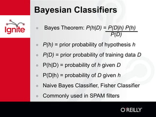 Bayesian Classifiers Bayes Theorem:  P(h|D)  =  P(D|h) P(h)   P(D) P(h)  = prior probability of hypothesis  h P(D)  = prior probability of training data  D P(h|D) = probability of  h  given  D P(D|h) = probability of  D  given  h Naive Bayes Classifier, Fisher Classifier Commonly used in SPAM filters 