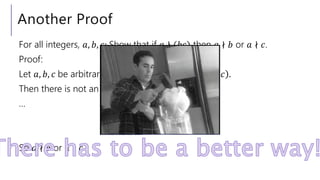 Another Proof
For all integers, 𝑎, 𝑏, 𝑐: Show that if 𝑎 ∤ (𝑏𝑐) then 𝑎 ∤ 𝑏 or 𝑎 ∤ 𝑐.
Proof:
Let 𝑎, 𝑏, 𝑐 be arbitrary integers, and suppose 𝑎 ∤ 𝑏𝑐 .
Then there is not an integer 𝑧 such that 𝑎𝑧 = 𝑏𝑐
…
So 𝑎 ∤ 𝑏 or 𝑎 ∤ 𝑐
 
