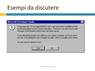 Un buon messaggio di errore deve…301. Allertare“attenzione: qualcosa non va”2. Identificare l’errore“è questo che non va”3. Dirigere l’utente“ora devi fare questo”R.Polillo - Ottobre 2010