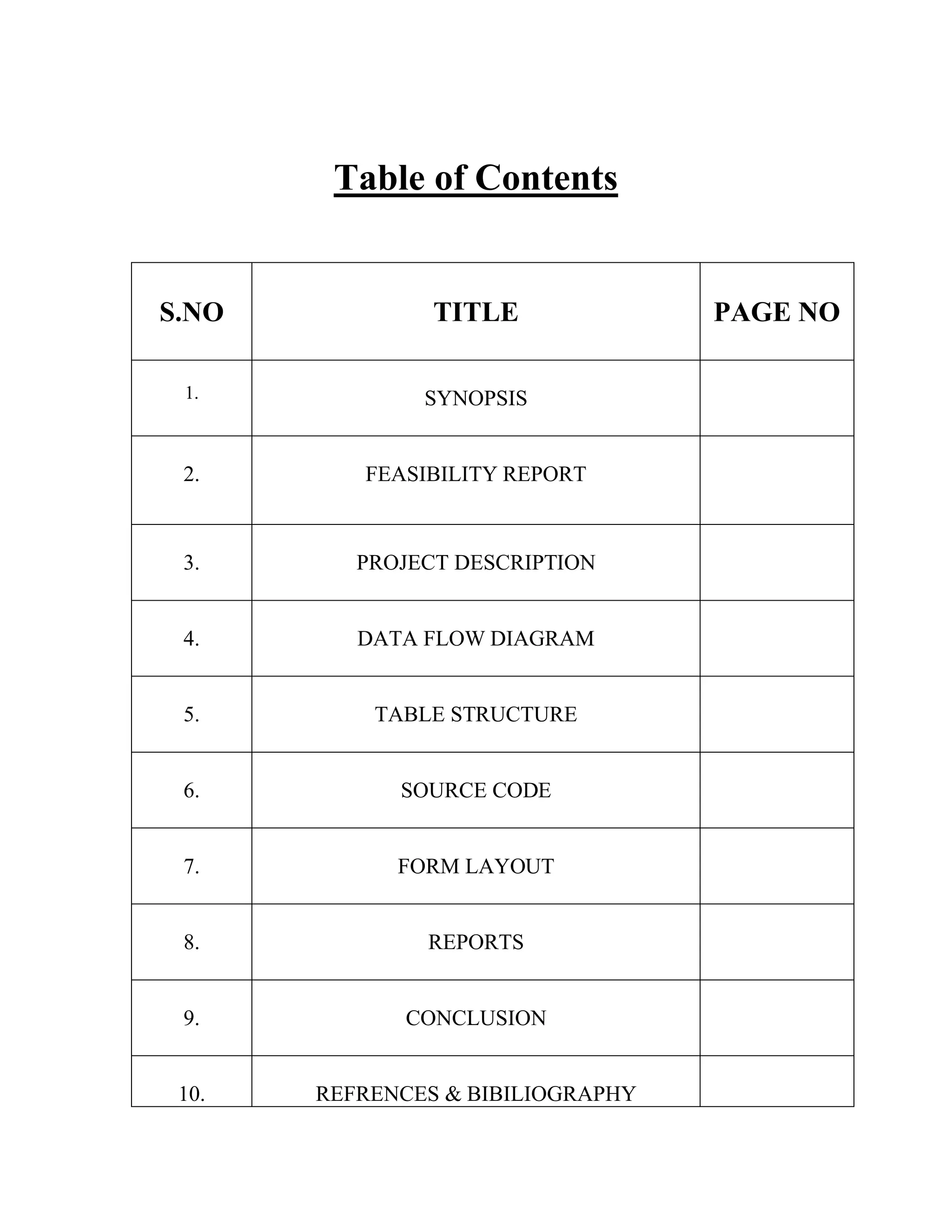 Table of Contents


S.NO            TITLE              PAGE NO

 1.            SYNOPSIS


 2.       FEASIBILITY REPORT



 3.       PROJECT DESCRIPTION


 4.       DATA FLOW DIAGRAM


 5.        TABLE STRUCTURE


 6.          SOURCE CODE


 7.          FORM LAYOUT


 8.            REPORTS


 9.           CONCLUSION


 10.   REFRENCES & BIBILIOGRAPHY
 