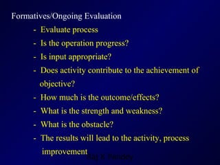 Formatives/Ongoing Evaluation -  Evaluate process -  Is the operation progress? -  Is input appropriate? -  Does activity contribute to the achievement of    objective? -  How much is the outcome/effects? -  What is the strength and weakness? -  What is the obstacle? -  The results will lead to the activity, process    improvement 