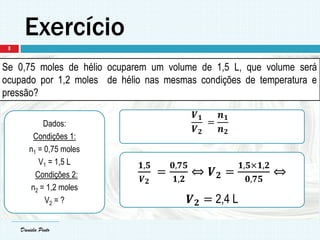 Daniela Pinto
Exercício
Daniela Pinto
Se 0,75 moles de hélio ocuparem um volume de 1,5 L, que volume será
ocupado por 1,2 moles de hélio nas mesmas condições de temperatura e
pressão?
Dados:
Condições 1:
n1 = 0,75 moles
V1 = 1,5 L
Condições 2:
n2 = 1,2 moles
V2 = ?
𝑽 𝟏
𝑽 𝟐
=
𝒏 𝟏
𝒏 𝟐
𝟏,𝟓
𝑽 𝟐
=
𝟎,𝟕𝟓
𝟏,𝟐
⇔ 𝑽 𝟐 =
𝟏,𝟓×𝟏,𝟐
𝟎,𝟕𝟓
⇔
𝑽 𝟐 = 2,4 L
8
 