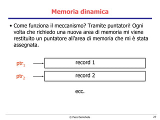 Memoria dinamica Come funziona il meccanismo? Tramite puntatori! Ogni volta che richiedo una nuova area di memoria mi viene restituito un puntatore all’area di memoria che mi è stata assegnata. ecc. ptr 1 record 1 record 2 ptr 2 