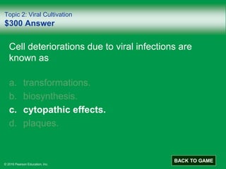 © 2016 Pearson Education, Inc.
Topic 2: Viral Cultivation
$300 Answer
Cell deteriorations due to viral infections are
known as
a. transformations.
b. biosynthesis.
c. cytopathic effects.
d. plaques.
BACK TO GAME
 