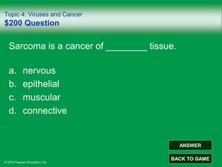 © 2016 Pearson Education, Inc.
Topic 4: Viruses and Cancer
$200 Question
Sarcoma is a cancer of ________ tissue.
a. nervous
b. epithelial
c. muscular
d. connective
ANSWER
BACK TO GAME
 