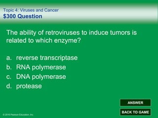 © 2016 Pearson Education, Inc.
Topic 4: Viruses and Cancer
$300 Question
The ability of retroviruses to induce tumors is
related to which enzyme?
a. reverse transcriptase
b. RNA polymerase
c. DNA polymerase
d. protease
ANSWER
BACK TO GAME
 