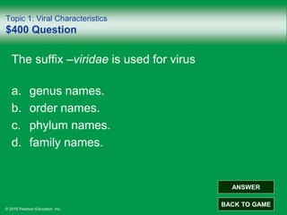 © 2016 Pearson Education, Inc.
Topic 1: Viral Characteristics
$400 Question
The suffix –viridae is used for virus
a. genus names.
b. order names.
c. phylum names.
d. family names.
ANSWER
BACK TO GAME
 