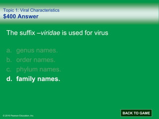 © 2016 Pearson Education, Inc.
Topic 1: Viral Characteristics
$400 Answer
The suffix –viridae is used for virus
a. genus names.
b. order names.
c. phylum names.
d. family names.
BACK TO GAME
 