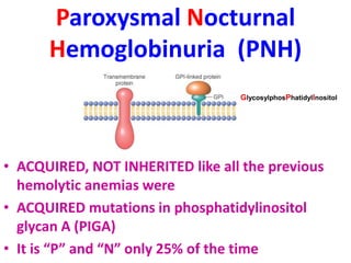 Paroxysmal Nocturnal
Hemoglobinuria (PNH)
• ACQUIRED, NOT INHERITED like all the previous
hemolytic anemias were
• ACQUIRED mutations in phosphatidylinositol
glycan A (PIGA)
• It is “P” and “N” only 25% of the time
GlycosylphosPhatidylInositol
 