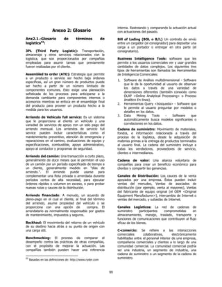 interna. Rastreando y comparando la actuación actual
                      Anexo 2: Glosario                               con actuaciones del pasado.

Anx2.1.-Glosario               de       términos            de        Bill of Lading (BOL o B/L) Un contrato de envío
logística93:                                                          entre un cargador (el consignador) para depositar una
                                                                      carga a un portador o entregar en otra parte (el
3PL (Third Party Logistic): Transportación,                           consignatario).
almacenaje y otros servicios relacionados con la
logística, que son proporcionados por compañías                       Business Intelligence Tools: software que les
empleadas para asumir tareas que previamente                          permite a los usuarios comerciales ver y usar grandes
fueron realizadas por el cliente.                                     cantidades de datos complejos. Los siguientes tres
                                                                      tipos de herramientas son llamados las Herramientas
Assembled to order (ATO): Estrategia que permite                      de Inteligencia Comerciales:
a un producto o servicio ser hecho bajo órdenes
                                                                      1.   Software de Análisis multidimensional - Software
específicas, así un gran número de productos puede
                                                                           que le da la oportunidad al usuario de observar
ser hecho a partir de un número limitado de
                                                                           los datos a través de una variedad de
componentes comunes. Esto exige una planeación
                                                                           dimensiones diferentes (también conocido como
sofisticada de los procesos para anticiparse a la
                                                                           OLAP <Online Analytical Processing> o Proceso
demanda cambiante para componentes internos o
                                                                           Analítico En línea).
accesorios mientras se enfoca en el ensamblaje final
                                                                      2.   Herramientas Query <búsqueda> - Software que
del producto para proveer un producto hecho a la
                                                                           le permite al usuario preguntar por modelos o
medida para los usuarios.
                                                                           detalles en los datos.
Arriendo de Vehículo full service: Es un sistema                      3.   Data      Mining     Tools  -   Software     que
que le proporciona al cliente un vehículo y una                            automáticamente busca modelos significantes o
variedad de servicios de apoyo con un solo pago del                        correlaciones en los datos.
arriendo mensual. Los arriendos de servicio full                      Cadena de suministro: Movimiento de materiales,
service pueden incluir características como el                        fondos, e información relacionada a través del
mantenimiento preventivo, atención de emergencia y                    proceso de la logística, desde la adquisición de
reparaciones en el camino, evaluaciones de equipo y                   materias primas a la entrega de productos terminados
especificaciones, combustible, apoyo administrativo,                  al usuario final. La cadena del suministro incluye a
apoyo al conductor y programas de seguridad.                          todas los vendedores, proveedores de servicio,
                                                                      clientes e intermediarios.
Arriendo del camión: Una transacción a corto plazo,
generalmente de doce meses que le permiten el uso                     Cadena de valor: Una alianza voluntaria de
de un camión por un período especificado de tiempo a                  compañías para crear un beneficio económico para
un cliente, generalmente medido en "días de                           clientes y compartir las ganancias.
arriendo.". El arriendo puede usarse para
complementar una flota privada o arrendada durante                    Canales de Distribución: Los cauces de la venta
períodos cortos de alta necesidad, para ejecutar                      apoyados por una empresa. Éstos pueden incluir
órdenes rápidas o volumen en exceso, o para probar                    ventas del menudeo, Ventas de asociados de
nuevas rutas y cauces de la distribución.                             distribución (por ejemplo, venta al mayoreo), Ventas
                                                                      del fabricante de equipo original (el OEM <Original
Arriendo financiado: A menudo, un acuerdo de                          Equipment Manufacturer>), intercambio de Internet o
pleno-pago en el cual el cliente, al final del término                ventas del mercado, y subastas de Internet.
del arriendo, asume propiedad del vehículo o se
proporciona con una opción de              compra. El                 Canales Logísticos: La red de cadenas de
arrendatario es normalmente responsable por gastos                    suministro      participantes comprometidas       en
de mantenimiento, impuestos y seguros.                                almacenamiento, manejo, traslado, transporte y
                                                                      funciones de comunicaciones que contribuyen al flujo
Backhaul: El movimiento del retorno de un vehículo                    eficaz de los bienes.
de su destino hacia atrás a su punto de origen con
una carga útil.                                                       C-comercio: Se refiere a las interacciones
                                                                      comerciales       colaborativas,       electrónicamente
Benchmarking: El proceso de comparar el                               habilitadas entre el personal interior de una empresa,
desempeño contra las prácticas de otras compañías,                    compañeros comerciales y clientes a lo largo de una
con el propósito de mejorar la actuación. Las                         comunidad comercial. La comunidad comercial podría
compañías también pueden hacer una referencia                         ser una industria, un segmento de industria, una
                                                                      cadena de suministro o un segmento de la cadena de
93                                                                    suministro.
     Basadas en las definiciones de: http://www.ryder.com



                                                                 99
 