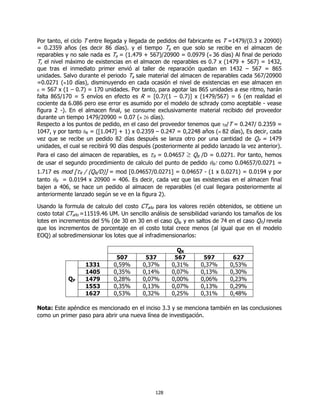 Por tanto, el ciclo T entre llegada y llegada de pedidos del fabricante es T =1479/(0.3 x 20900)
= 0.2359 años (es decir 86 días). y el tiempo Ta en que solo se recibe en el almacen de
reparables y no sale nada es Ta = (1.479 + 567)/20900 = 0.0979 (≈ 36 días) Al final de periodo
T, el nivel máximo de existencias en el almacen de reparables es 0.7 x (1479 + 567) = 1432,
que tras el inmediato primer envió al taller de reparación quedan en 1432 – 567 = 865
unidades. Salvo durante el periodo Ta sale material del almacen de reparables cada 567/20900
=0.0271 (≈10 días), disminuyendo en cada ocasión el nivel de existencias en ese almacen en
ε = 567 x (1 – 0.7) = 170 unidades. Por tanto, para agotar las 865 unidades a ese ritmo, harán
falta 865/170 = 5 envíos en efecto es R = [0.7/(1 – 0.7)] x (1479/567) = 6 (en realidad el
cociente da 6.086 pero ese error es asumido por el modelo de schrady como aceptable - vease
figura 2 -). En el almacen final, se consume exclusivamente material recibido del proveedor
durante un tiempo 1479/20900 = 0.07 (≈ 26 días).
Respecto a los puntos de pedido, en el caso del proveedor tenemos que τP/T = 0.247/ 0.2359 =
1047, y por tanto δR = ([1.047] + 1) x 0.2359 – 0.247 = 0,2248 años (≈ 82 días), Es decir, cada
vez que se recibe un pedido 82 días después se lanza otro por una cantidad de QP = 1479
unidades, el cual se recibirá 90 días después (posteriormente al pedido lanzado la vez anterior).
Para el caso del almacen de reparables, es τR = 0.04657 ≥ QR /D = 0.0271. Por tanto, hemos
de usar el segundo procedimiento de calculo del punto de pedido θR: como 0.04657/0.0271 =
1.717 es mod [τR / (QR/D)] = mod [0.04657/0.0271] = 0.04657 - (1 x 0.0271) = 0.0194 y por
tanto θR = 0.0194 x 20900 = 406. Es decir, cada vez que las existencias en el almacen final
bajen a 406, se hace un pedido al almacen de reparables (el cual llegara posteriormente al
anteriormente lanzado según se ve en la figura 2).

Usando la formula de calculo del costo CTaño para los valores recién obtenidos, se obtiene un
costo total CTaño =11519.46 UM. Un sencillo análisis de sensibilidad variando los tamaños de los
lotes en incrementos del 5% (de 30 en 30 en el caso QR, y en saltos de 74 en el caso QP) revela
que los incrementos de porcentaje en el costo total crece menos (al igual que en el modelo
EOQ) al sobredimensionar los lotes que al infradimensionarlos:

                                                       QR
                               507        537         567        597         627
                   1331       0,59%      0,37%       0,31%      0,37%       0,53%
                   1405       0,35%      0,14%       0,07%      0,13%       0,30%
            QP     1479       0,28%      0,07%       0,00%      0,06%       0,23%
                   1553       0,35%      0,13%       0,07%      0,13%       0,29%
                   1627       0,53%      0,32%       0,25%      0,31%       0,48%

Nota: Este apéndice es mencionado en el inciso 3.3 y se menciona también en las conclusiones
como un primer paso para abrir una nueva línea de investigación.




                                              128
 
