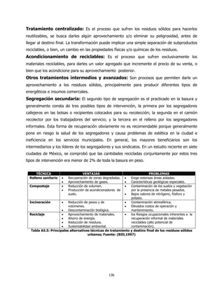 Tratamiento centralizado: Es el proceso que sufren los residuos sólidos para hacerlos
reutilizables, se busca darles algún aprovechamiento y/o eliminar su peligrosidad, antes de
llegar al destino final. La transformación puede implicar una simple separación de subproductos
reciclables, o bien, un cambio en las propiedades físicas y/o químicas de los residuos.
Acondicionamiento de reciclables: Es el proceso que sufren exclusivamente los
materiales reciclables, para darles un valor agregado que incremente el precio de su venta, o
bien que los acondicione para su aprovechamiento posterior.
Otros tratamientos intermedios y avanzados: Son procesos que permiten darle un
aprovechamiento a los residuos sólidos, principalmente para producir diferentes tipos de
energéticos e insumos comerciales.
Segregación secundaria: El segundo tipo de segregación es el practicado en la basura y
generalmente consta de tres posibles tipos de intervención, la primera por los segregadores
callejeros en las bolsas o recipientes colocados para su recolección; la segunda en el camión
recolector por los trabajadores del servicio; y la tercera en el relleno por los segregadores
informales. Esta forma de recuperación obviamente no es recomendable porque generalmente
pone en riesgo la salud de los segregadores y causa problemas de estética en la ciudad e
ineficiencia en los servicios municipales. En general, los mayores beneficiarios son los
intermediarios y los líderes de los segregadores y sus sindicatos. En un estudio reciente en siete
ciudades de México, se comprobó que las cantidades recicladas conjuntamente por estos tres
tipos de intervención era menor de 2% de toda la basura en peso.


      TÉCNICA                      VENTAJAS                                  PROBLEMAS
  Relleno sanitario   •   Recuperación de zonas degradadas.   • Exige extensas áreas aisladas.
                      •   Aprovechamiento de gases.           • Características geológicas especiales.
  Compostaje          •   Reducción de volumen.               • Contaminación de los suelos y vegetación
                      •   Producción de acondicionadores de     por la presencia de metales pesados.
                          suelo.                            •   Bajos valores de nitrógeno, fósforo y
                                                                potasio.
  Incineración        •   Reducción de pesos y de           •   Contaminación atmosférica.
                          volúmenes.                        •   Elevados costos de operación y
                      •   Descontaminación biológica.           mantenimiento.
  Reciclaje           •   Aprovechamiento de materiales.    •   los Riesgos ocupacionales inherentes a la
                      •   Ahorro de energía.                    recuperación informal de materiales
                      •   Reducción de residuos.                reciclables (alto potencial de
                      •   Sustentabilidad ambiental.            contaminación).
   Tabla A5.5: Principales alternativas técnicas de tratamiento y destino final de los residuos sólidos
                                       urbanos; Fuente: (BID,1997)




                                                    136
 