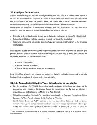 3.2.4.- Asignación de recursos
Algunas industrias asignan recursos estratégicamente para responder a la imperativa de Reusar y
reciclar, sin embargo estas compañías lo hacen de manera diferente. El esquema de clasificación
que se muestra en la Tabla 3.4 (Marien, 1998), fue desarrollado como un medio de identificar
como diferentes tipos de compañías responden a los cambios en política ambiental.
Básicamente se identifican 3 estrategias generales que son importantes en una alternativa
proactiva y que hay que tener en cuenta cuando se usa un canal inverso:


•         Estimular la demanda al mismo tiempo que se bajan los costos para la compañía y la sociedad.
•         Reducir la cantidad de material usados en producir y entregar los productos.
•         Hacer una reingeniería del negocio con el enfoque de “cambio de paradigma” en los procesos
          involucrados.


Este esquema puede servir como punto de partida para hacer varios esquemas de decisión que
pueden ayudar a plasmar las ideas mostradas en un plan concreto, ya que el esquema de toma de
decisiones puede ser útil de diferentes formas.


     1.     Al evaluar una locación;
     2.     Al asignar personal al proceso;
     3.     Al evaluar los problemas de acuerdo a la experiencia.


Para ejemplificar el punto, se muestra un análisis de decisión realizado como ejercicio, para la
localización de una planta de componentes para televisión.


3.2.4.1.- Antecedentes Históricos60 para la localización de una planta.
•         Con la aparición    del TLCAN, las multinacionales asiáticas enfrentaron decisiones de la
          procuración con respecto a la situación futura de componentes de TV que se fabrican y
          ensamblan, que podría hacerse en México o en Asia Oriental.
•         Matsushita empezó en México, D.F., y consideró una situación en Reynosa, Tamaulipas, México
          (cerca de McAllen, Texas) antes de decidir localizar en Tijuana.
•         Las Reglas de Origen del TLCAN estipularon que los automóviles deben ser 62.5 por ciento
          norteamericano, pero los televisores necesitaron sólo un cinescopio aproximadamente 33 por
          ciento para calificar como productos norteamericanos. El cinescopio (el tubo de rayo de

60
  Datos obtenidos de documentos oficiales de la compañía, observación y experiencia propia, y de la pagina de Internet:
www.panasonic.com



                                                          69
 