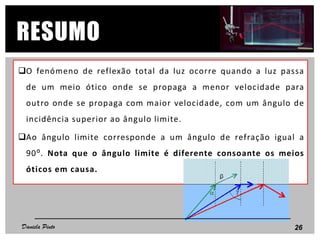O fenómeno de reflexão total da luz ocorre quando a luz passa
de um meio ótico onde se propaga a menor velocidade para
outro onde se propaga com maior velocidade, com um ângulo de
incidência superior ao ângulo limite.
Ao ângulo limite corresponde a um ângulo de refração igual a
90⁰. Nota que o ângulo limite é diferente consoante os meios
óticos em causa.
RESUMO
26Daniela Pinto
 