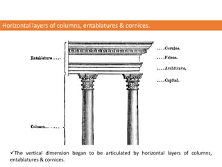 Horizontal layers of columns, entablatures & cornices.
✓The vertical dimension began to be articulated by horizontal layers of columns,
entablatures & cornices.
 