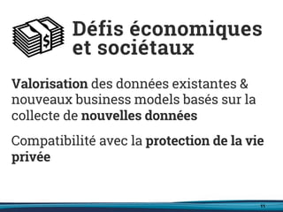 11
Valorisation des données existantes &
nouveaux business models basés sur la
collecte de nouvelles données
Compatibilité avec la protection de la vie
privée
Défis économiques
et sociétaux
 