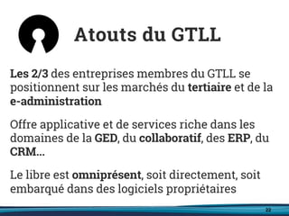 22
Les 2/3 des entreprises membres du GTLL se
positionnent sur les marchés du tertiaire et de la
e-administration
Offre applicative et de services riche dans les
domaines de la GED, du collaboratif, des ERP, du
CRM...
Le libre est omniprésent, soit directement, soit
embarqué dans des logiciels propriétaires
Atouts du GTLL
 