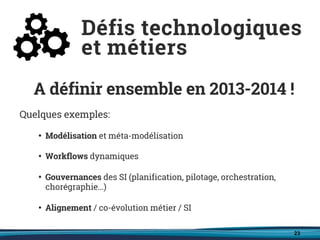 23
A définir ensemble en 2013-2014 !
Quelques exemples:
• Modélisation et méta-modélisation
• Workflows dynamiques
• Gouvernances des SI (planification, pilotage, orchestration,
chorégraphie...)
• Alignement / co-évolution métier / SI
Défis technologiques
et métiers
 