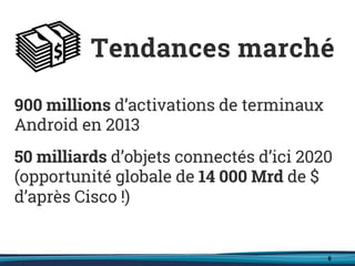 6
900 millions d’activations de terminaux
Android en 2013
50 milliards d’objets connectés d’ici 2020
(opportunité globale de 14 000 Mrd de $
d’après Cisco !)
Tendances marché
 