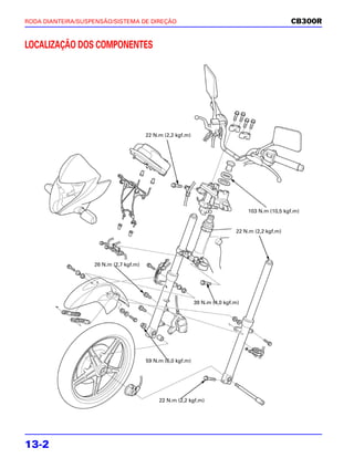 RODA DIANTEIRA/SUSPENSÃO/SISTEMA DE DIREÇÃO                                                       CB300R


LOCALIZAÇÃO DOS COMPONENTES




                                        22 N.m (2,2 kgf.m)




                                                                                  103 N.m (10,5 kgf.m)


                                                                             22 N.m (2,2 kgf.m)




                   26 N.m (2,7 kgf.m)




                                                             39 N.m (4,0 kgf.m)




                                        59 N.m (6,0 kgf.m)




                                             22 N.m (2,2 kgf.m)




13-2
 