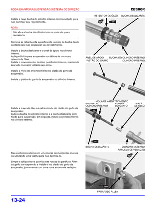 RODA DIANTEIRA/SUSPENSÃO/SISTEMA DE DIREÇÃO                                                     CB300R
                                                                      RETENTOR DE ÓLEO   BUCHA DESLIZANTE
Instale a nova bucha do cilindro interno, tendo cuidado para
não danificar seu revestimento.

NOTA
 Não abra a bucha do cilindro interno mais do que o
 necessário.

Remova as rebarbas da superfície de contato da bucha, tendo
cuidado para não descascar seu revestimento.

Instale a bucha deslizante e o anel de apoio no cilindro
interno.
Aplique fluido para suspensão nos lábios de um novo
                                                                ANEL DE APOIO    BUCHA DO CILINDRO INTERNO
retentor de óleo.
                                                                 PISTÃO DO GARFO          CILINDRO INTERNO
Instale o novo retentor de óleo no cilindro interno, mantendo
seu lado marcado voltado para cima.

Instale a mola de amortecimento no pistão do garfo da
suspensão.

Instale o pistão do garfo da suspensão no cilindro interno.




                                                                       MOLA DE AMORTECIMENTO
                                                                BUCHA DO            PISTÃO        TRAVA
                                                                CILINDRO INTERNO    DO GARFO      DE ÓLEO
Instale a trava de óleo na extremidade do pistão do garfo da
suspensão.
Cubra a bucha do cilindro interno e a bucha deslizante com
fluido para suspensão. Em seguida, instale o cilindro interno
no cilindro externo.




                                                                BUCHA DESLIZANTE        CILINDRO EXTERNO
                                                                                      ARRUELA DE VEDAÇÃO
Fixe o cilindro externo em uma morsa de mordentes macios
ou utilizando uma toalha para não danificá-lo.

Limpe e aplique trava química nas roscas do parafuso Allen
do garfo da suspensão e instale-o no pistão do garfo da
suspensão, juntamente com uma nova arruela de vedação.




                                                                        PARAFUSO ALLEN


13-24
 