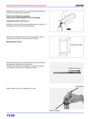 RODA DIANTEIRA/SUSPENSÃO/SISTEMA DE DIREÇÃO                                                CB300R

Abasteça o cilindro interno com a quantidade especificada do
fluido recomendado para suspensão.

Fluido recomendado para suspensão:
Fluido Honda ULTRA CUSHION 10 W ou equivalente

Capacidade de fluido: 323 ± 2,5 cm3

Bombeie o cilindro interno por diversas vezes para retirar o ar
armazenado no interior de sua parte inferior.




Comprima completamente o garfo da suspensão e meça o
nível de fluido a partir do topo do cilindro interno.

Nível de fluido: 128 mm

                                                                                    NÍVEL DE FLUIDO




Seque completamente o restante de fluido da mola do garfo
da suspensão, aplicando ar comprimido.
Instale a mola do garfo da suspensão, mantendo o lado de
suas espirais mais próximas voltado para baixo.
                                                                                 Voltado para baixo




                                                                                           ESPAÇADOR
Instale a sede da mola e o espaçador da mola.




                                                                  SEDE DA MOLA


13-26
 