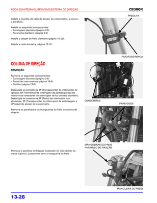 RODA DIANTEIRA/SUSPENSÃO/SISTEMA DE DIREÇÃO                                                     CB300R
                                                                                               PRESILHA
Instale a presilha do cabo do sensor do velocímetro, a porca e
o parafuso.

Instale os seguintes componentes:
– Carenagem dianteira (página 3-5)
– Para-lama dianteiro (página 3-5)

Instale o cáliper do freio dianteiro (página 15-23).

Instale a roda dianteira (página 13-17).




                                                                                           PARAFUSO/PORCA


COLUNA DE DIREÇÃO
REMOÇÃO

Remova os seguintes componentes:
– Carenagem dianteira (página 3-5)
– Painel de instrumentos (página 19-6)
– Guidão (página 13-6)

Desacople os conectores 2P (Transparente) do interruptor de
ignição, 6P (Vermelho) do interruptor de partida/parada do
motor e os conectores do interruptor de luz do freio dianteiro.
Desacople os conectores 9P (Preto) do interruptor das
sinaleiras, 2P (Transparente) do interruptor da embreagem e       CONECTORES
3P (Azul) do sensor do velocímetro.                                                      PARAFUSOS

Remova os parafusos e as mangueiras do freio da coluna de
direção.




                                                                  MANGUEIRAS DO FREIO
                                                                  PARAFUSO DE FIXAÇÃO
Remova o parafuso de fixação localizado no lado direito da
mesa superior, juntamente com a mangueira do freio.




                                                                                        MANGUEIRA DO FREIO


13-28
 