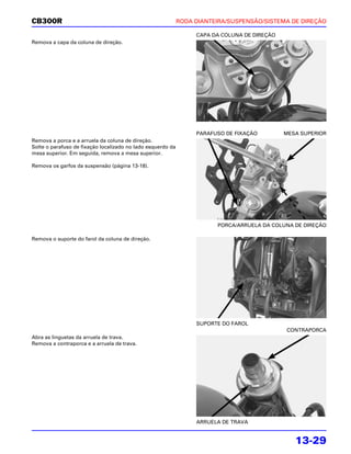 CB300R                                                       RODA DIANTEIRA/SUSPENSÃO/SISTEMA DE DIREÇÃO

                                                                  CAPA DA COLUNA DE DIREÇÃO
Remova a capa da coluna de direção.




                                                                  PARAFUSO DE FIXAÇÃO         MESA SUPERIOR
Remova a porca e a arruela da coluna de direção.
Solte o parafuso de fixação localizado no lado esquerdo da
mesa superior. Em seguida, remova a mesa superior.

Remova os garfos da suspensão (página 13-18).




                                                                        PORCA/ARRUELA DA COLUNA DE DIREÇÃO

Remova o suporte do farol da coluna de direção.




                                                                  SUPORTE DO FAROL
                                                                                              CONTRAPORCA
Abra as linguetas da arruela de trava.
Remova a contraporca e a arruela de trava.




                                                                  ARRUELA DE TRAVA


                                                                                                 13-29
 
