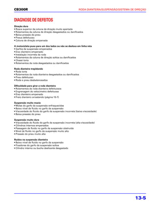 CB300R                                                     RODA DIANTEIRA/SUSPENSÃO/SISTEMA DE DIREÇÃO



DIAGNOSE DE DEFEITOS
Direção dura
• Rosca superior da coluna de direção muito apertada
• Rolamentos da coluna de direção desgastados ou danificados
• Baixa pressão do pneu
• Pneus defeituoso
• Coluna de direção empenada

A motocicleta puxa para um dos lados ou não se desloca em linha reta
• Garfos da suspensão empenados
• Eixo dianteiro empenado
• Instalação incorreta da roda
• Rolamentos da coluna de direção soltos ou danificados
• Chassi torto
• Rolamentos da roda desgastados ou danificados

Roda dianteira trepidando
• Roda torta
• Rolamentos da roda dianteira desgastados ou danificados
• Pneu defeituoso
• Roda e pneu desbalanceados

Dificuldade para girar a roda dianteira
• Rolamentos da roda dianteira defeituosos
• Engrenagem do velocímetro defeituosa
• Eixo dianteiro empenado
• Freio dianteiro arrastando (página 15-7)

Suspensão muito macia
• Molas do garfo da suspensão enfraquecidas
• Baixo nível de fluido no garfo da suspensão
• Viscosidade do fluido do garfo da suspensão incorreta (baixa viscosidade)
• Baixa pressão do pneu

Suspensão muito dura
• Viscosidade do fluido do garfo da suspensão incorreta (alta viscosidade)
• Cilindros internos empenados
• Passagem de fluido no garfo da suspensão obstruída
• Nível de fluido no garfo da suspensão muito alto
• Pressão do pneu muito alta

Ruídos na suspensão dianteira
• Baixo nível de fluido no garfo da suspensão
• Fixadores do garfo da suspensão soltos
• Cilindro interno ou bucha deslizante desgastado




                                                                                               13-5
 