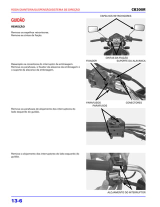 RODA DIANTEIRA/SUSPENSÃO/SISTEMA DE DIREÇÃO                                                   CB300R
                                                                      ESPELHOS RETROVISORES

GUIDÃO
REMOÇÃO

Remova os espelhos retrovisores.
Remova as cintas da fiação.




                                                                         CINTAS DA FIAÇÃO
                                                            FIXADOR              SUPORTE DA ALAVANCA
Desacople os conectores do interruptor da embreagem.
Remova os parafusos, o fixador da alavanca da embreagem e
o suporte da alavanca da embreagem.




                                                            PARAFUSOS                   CONECTORES
                                                                PARAFUSOS
Remova os parafusos de alojamento dos interruptores do
lado esquerdo do guidão.




Remova o alojamento dos interruptores do lado esquerdo do
guidão.




                                                                            ALOJAMENTO DO INTERRUPTOR


13-6
 