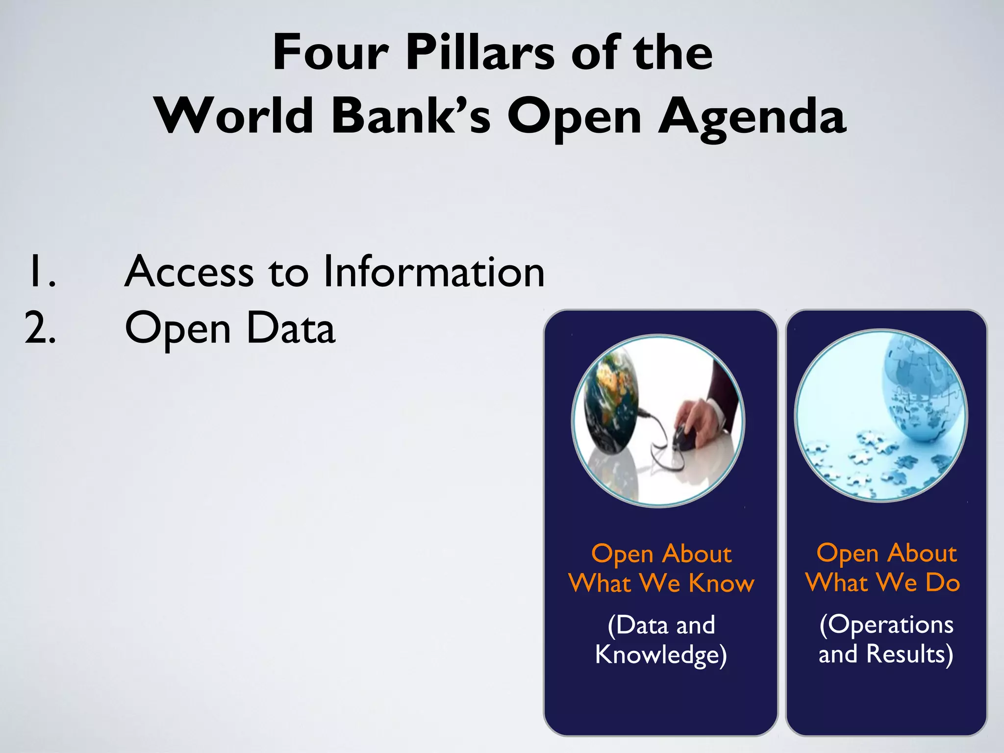 Four Pillars of the
      World Bank’s Open Agenda

1.   Access to Information
2.   Open Data



                              Open About    Open About
                             What We Know   What We Do
                               (Data and    (Operations
                              Knowledge)    and Results)
 