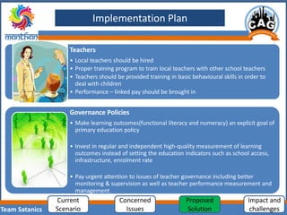 Team Satanics
Implementation Plan
Teachers
• Local teachers should be hired
• Proper training program to train local teachers with other school teachers
• Teachers should be provided training in basic behavioural skills in order to
deal with children
• Performance – linked pay should be brought in
Governance Policies
• Make learning outcomes(functional literacy and numeracy) an explicit goal of
primary education policy
• Invest in regular and independent high-quality measurement of learning
outcomes instead of setting the education indicators such as school access,
infrastructure, enrolment rate
• Pay urgent attention to issues of teacher governance including better
monitoring & supervision as well as teacher performance measurement and
management
Current
Scenario
Concerned
Issues
Proposed
Solution
Impact and
challenges
 