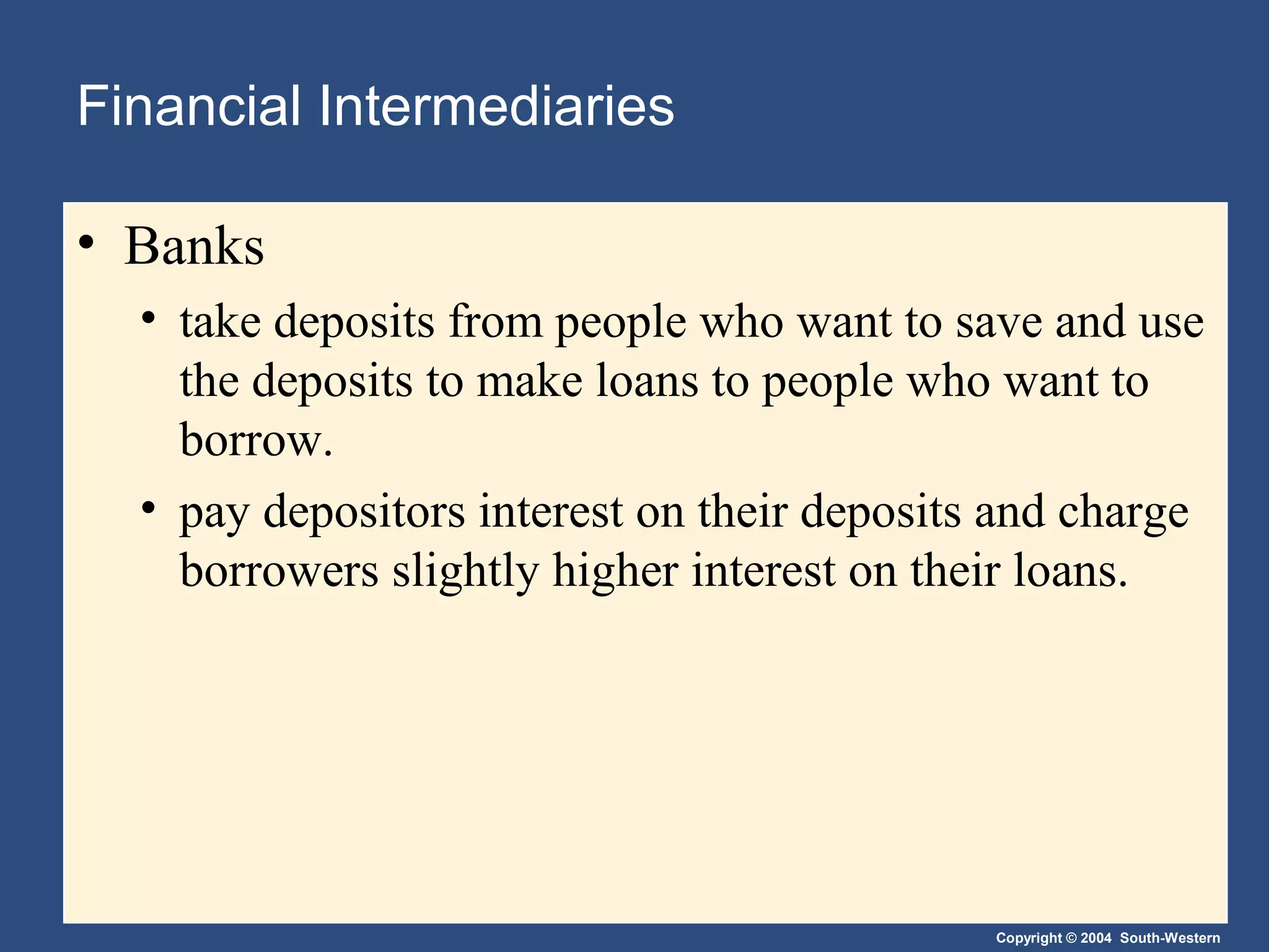 Financial Intermediaries
• Banks
• take deposits from people who want to save and use
the deposits to make loans to people who want to
borrow.
• pay depositors interest on their deposits and charge
borrowers slightly higher interest on their loans.

Copyright © 2004 South-Western

 