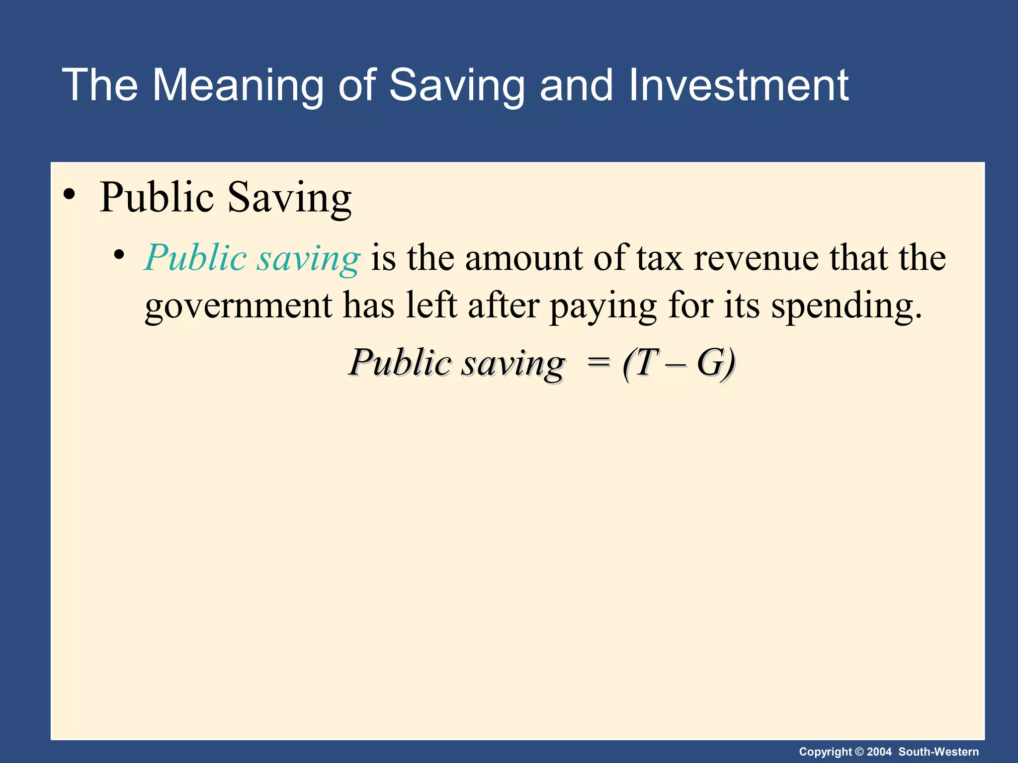 The Meaning of Saving and Investment
• Public Saving
• Public saving is the amount of tax revenue that the
government has left after paying for its spending.
Public saving = (T – G)

Copyright © 2004 South-Western

 