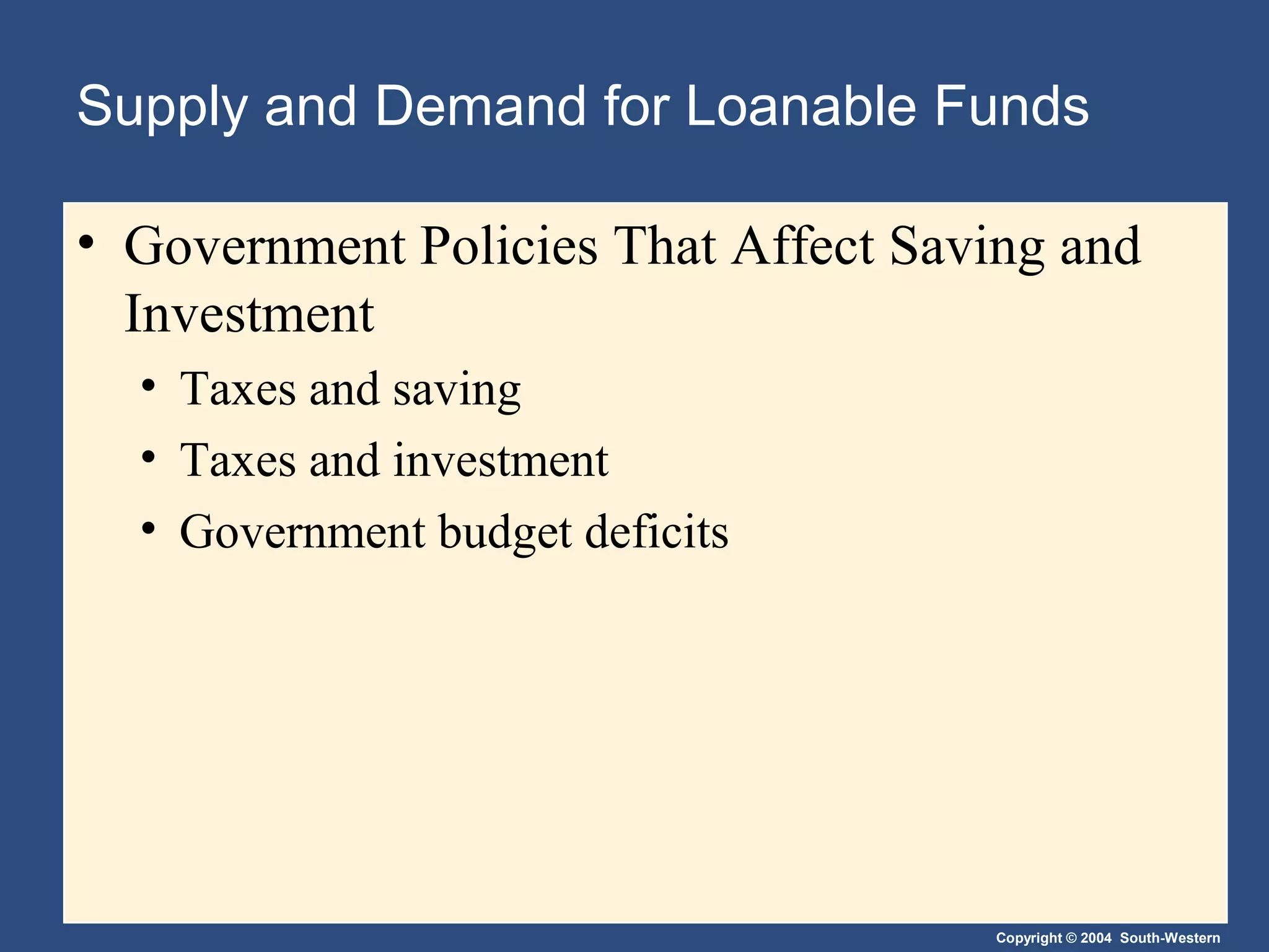 Supply and Demand for Loanable Funds
• Government Policies That Affect Saving and
Investment
• Taxes and saving
• Taxes and investment
• Government budget deficits

Copyright © 2004 South-Western

 