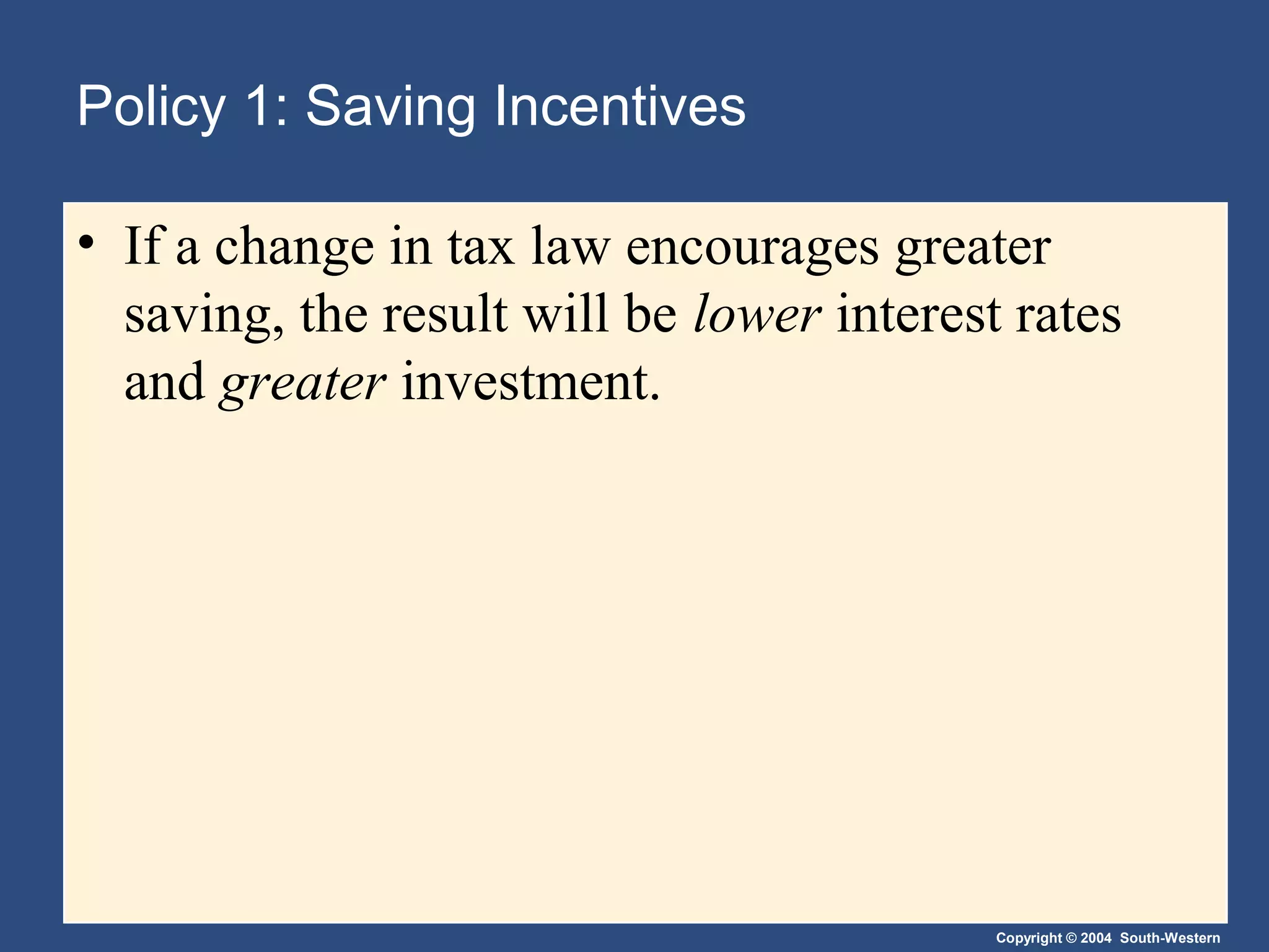 Policy 1: Saving Incentives
• If a change in tax law encourages greater
saving, the result will be lower interest rates
and greater investment.

Copyright © 2004 South-Western

 