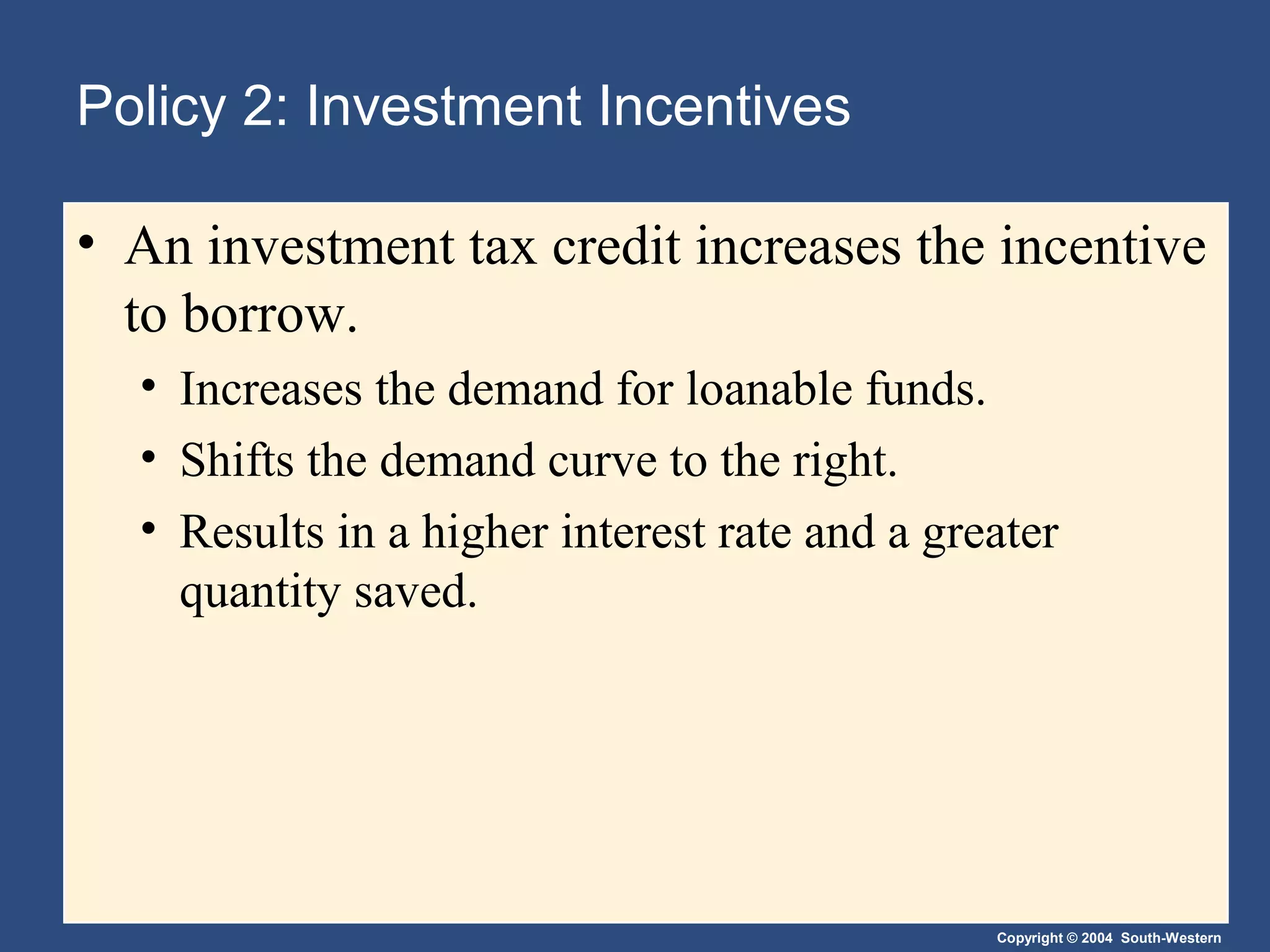 Policy 2: Investment Incentives
• An investment tax credit increases the incentive
to borrow.
• Increases the demand for loanable funds.
• Shifts the demand curve to the right.
• Results in a higher interest rate and a greater
quantity saved.

Copyright © 2004 South-Western

 